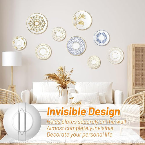 14 Pcs Silver Invisible Plate Hangers for The Wall - 4/6/8/10 Inch Stainless Steel Decorative Plate Holers for Display, Artwork & Home Decor (with 14 Wall Hooks & 56 Tip Protectors & Guide)