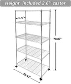 YSSOA 5-Tier Heavy Duty Storage Shelves, 1750 Lbs Loading Capacity, 35.43" W x 17.72" D x 70.87" H Adjustable Shelving Unit with Wheels, Chrome