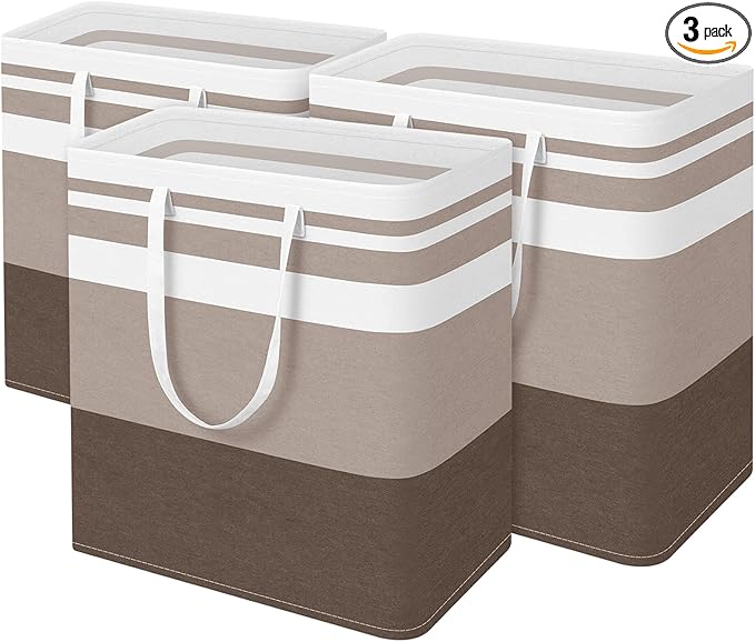 BlissTotes 3-Pack Laundry Basket, Freestanding＆Waterproof Laundry Hamper, Collapsible Tall Clothes Hamper with Easy Carry Handles for Clothes, Towels in the Family and Dorm,Gradient Khaki,125L