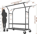 Raybee 74" W Clothes Rack Load 630 LBS, Clothing Racks for Hanging Clothes, Adjustable Heavy Duty Clothes Rack, Double Rods Metal Garment Rack for Bedroom Wardorbe Closet Living Room