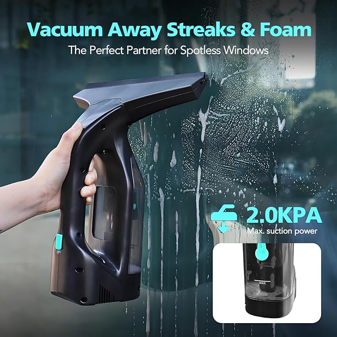Window Vacuum Cleaner Kit Cordless, 35Min Runtime & 2 Suction Nozzles Cleaning Tool, All-in-One Electric Squeegee Spray Kit for Streak-Free Windows Washing, Shower Glass, Mirrors,Car