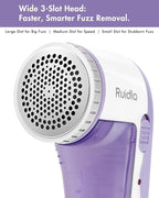 Ruidla Fabric Shaver Lint Shaver Defuzzer, Electric Lint Remover, Rechargeable Sweater Shaver with Replaceable Stainless Steel 3-Leaf Blades, Dual Protection, Removable Bin, (Micro-b Charging)