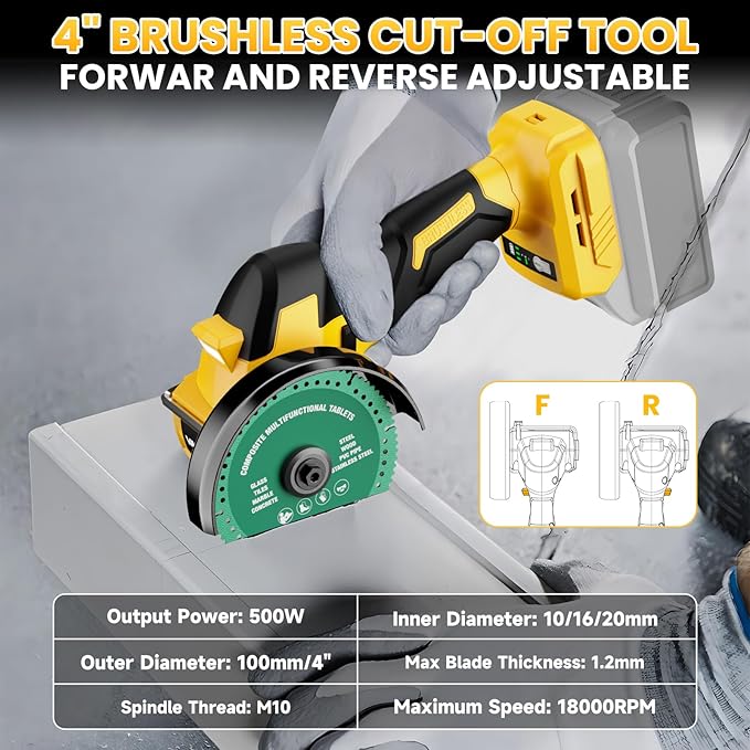 Cordless Cut Off Tool Compatible with DeWalt 20V Max Battery, 18,000 RPM Brushless Motor, 4" Blades (2pcs) with Dust Cover, 1.2mm Max Blade Thickness for Wood/Metal/Plastic【BATTERIES NOT INCLUDED】