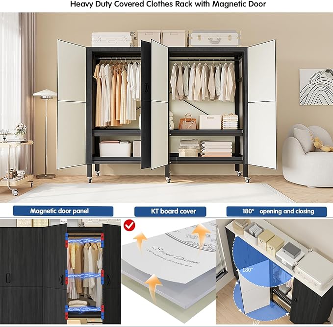 Heavy Duty Covered Clothes Rack with Magnetic Door Foldable Portable Wardrobe Closet for Hanging Clothing Rolling Black Metal Garment Rack on Wheels Closet System (Black, 65.9in)