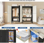 Heavy Duty Covered Clothes Rack with Magnetic Door Foldable Portable Wardrobe Closet for Hanging Clothing Rolling Black Metal Garment Rack on Wheels Closet System (Black, 74.7in)