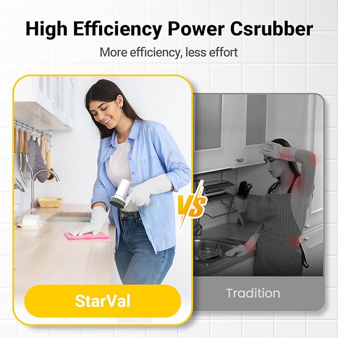 StarVal Electric Spin Scrubber, 2000 mAh Cordless Power Scrubber with 4 Replaceable Heads, 2 Speeds Portable Scrubber for Cleaning Sink/Stove/Corner/Tile/Grout/Bowl (Black)