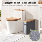 Bamboo Toilet Paper Organizer for Bathroom - Collapsible Storage Basket with Lid, Handle & Non-Slip Bottom, Gray