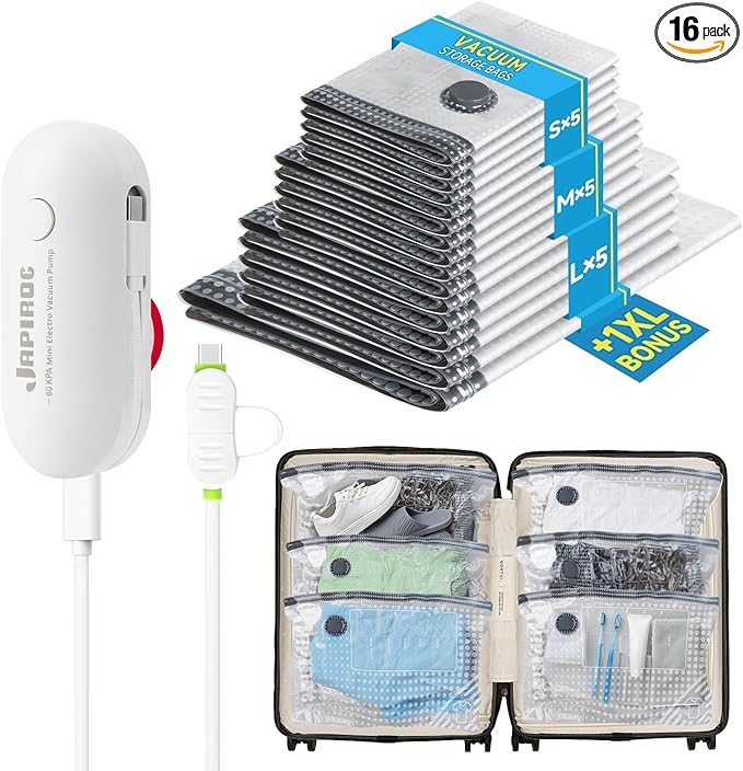 Travel Vacuum Storage Bags with USB Powered Electric Pump, 16 Pack Vacuum Seal Bags for Clothing Travel, Space Saver Bags for Luggage, Suitcase, Backpack & Home Organization, White
