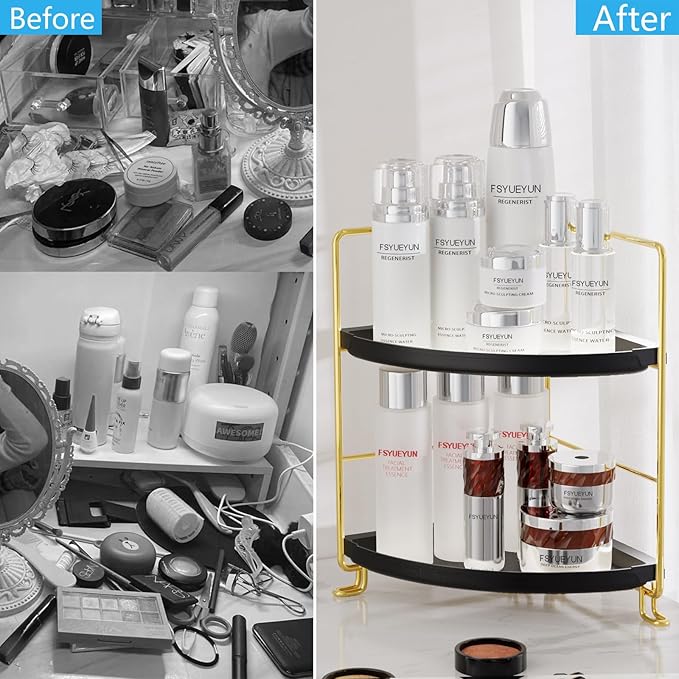 FSyueyun 2-Tier Corner Bathroom Counter Organizer, Tool-Less Installation Vanity Shelf Small Plastics Countertop Makeup Tray Skincare Perfume Organizers (Gold & Black)