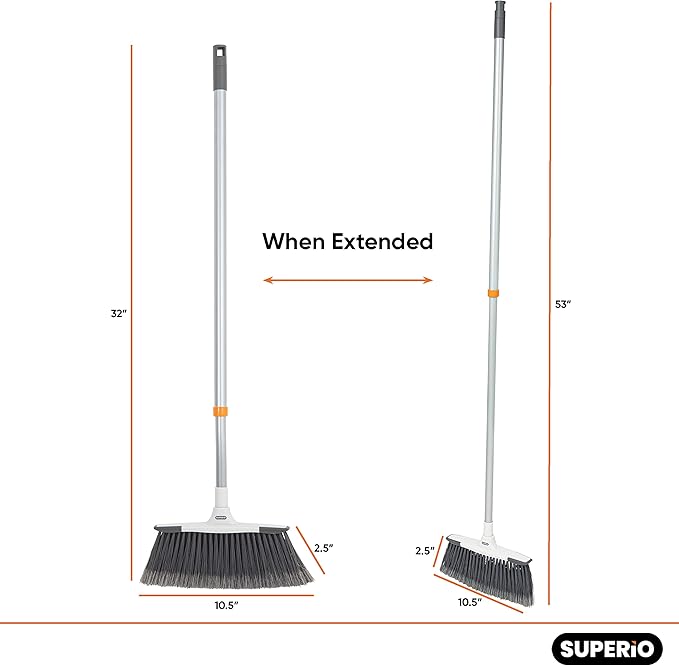 Slim Angle Broom, Heavy Duty Broom, Indoor Brom, Outdoor Angle Broom with Extendable Handle, Durable Collapsible Broom for Home, Kitchen, RV, Travel, Grey, 2 Pack, by Superio