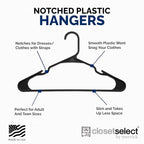 Closetselect Plastic Hangers 50 Pack - Space Saving Clothes Hangers, Made in USA, Durable & Strong Plastic Shirt & Coat Hanger with Notches & Shoulder Grooves, Non-Slip Clothing Hangers | Black