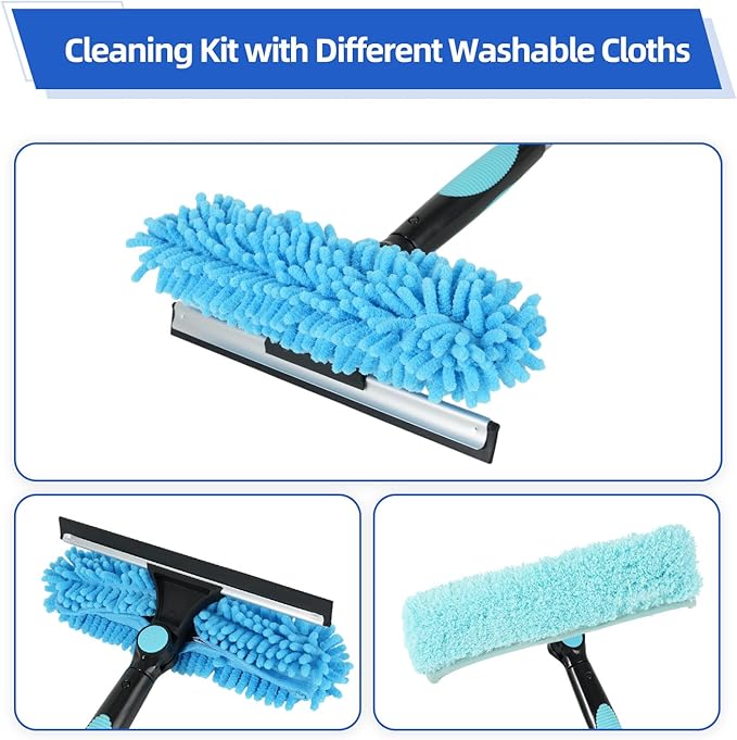 122'' Window Washing Kit with Extension Pole, 2-in-1 Window Cleaning Kit with Scrubber and Rotating Head, Window Cleaner Tool for Shower Rooms, Glass, Floors, Tiles, Walls, Car Windshields