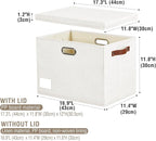 17" Large Collapsible Storage Bins with Lids, Stackable Closet Organizers with PU Handle and Labels, 3-Pack Decorative Fabric Storage Boxes for Home, Bedroom, Closet, Office, Nursery(White)