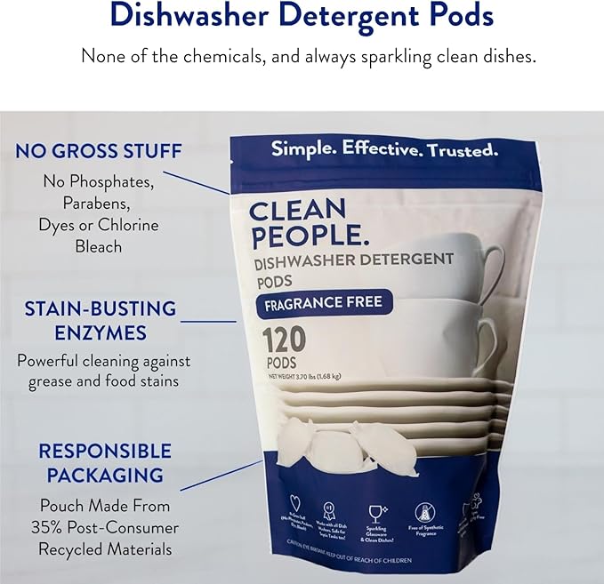 The Clean People Dishwasher Pods - Cuts Grease & Rinses Sparkling Clean - Residue-Free - Phosphate Free Dishwashing Pods - Fragrance Free, 30 Pack