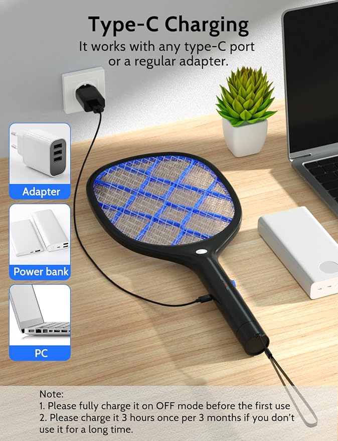 YISSVIC Electric Fly Swatter Bug Zapper Racket 4000V Rechargeable Mosquito Killer with LED Light for Indoor Home Office Backyard Patio Camping