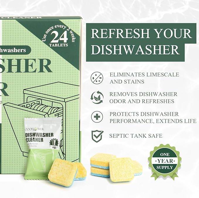 24 PCS Dishwasher Cleaner and Deodorizer Tablets, with Sink Drain Filter Basket, Deep Cleaning Formula Tablets for Removing Limescale, Odor, Smell, Hard Water Residue(Lemon-Scented)