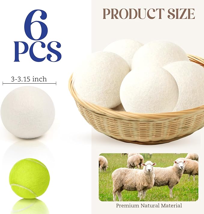 Large Wool Dryer Balls, New Zealand Dryer Balls Laundry Reusable Reduce Static Cling, Dryer Ball to Reduce Wrinkles & Shorten Drying Time, Drying Balls Fabric Softener Ball for Laundry（Pack of 6 XL)