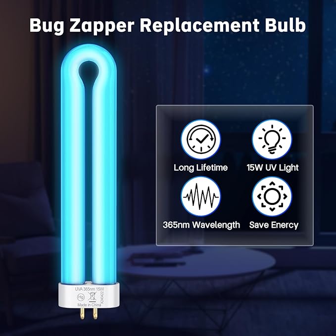 Klahaite Replacement Light Bulb Bug Zapper 15W Bug Light Bulbs for K15, X3,T6, T8, T9 Bug Zapper Outdoor 4-Pin Base U Shaped Twin Tube Bulb for Outdoor Mosquito Zapper, 2 Pack