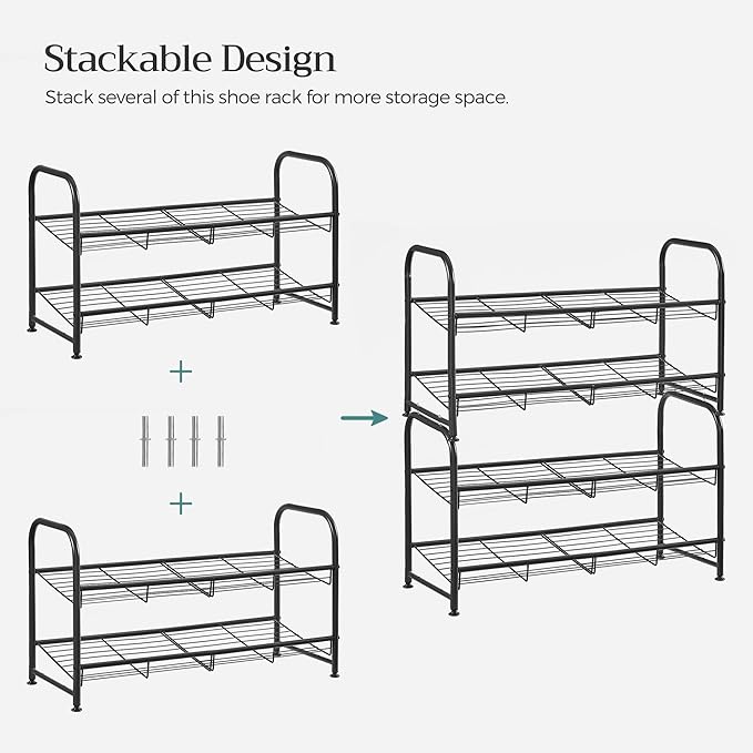SONGMICS Shoe Rack, 2 Tier Shoe Organizer for Closet, Holds up to 8 Pairs of Shoes, Shoe Rack for Front Door Entrance, Metal Shoe Shelf with Adjustable Tilt Angle, for Entryway, Garage, Black