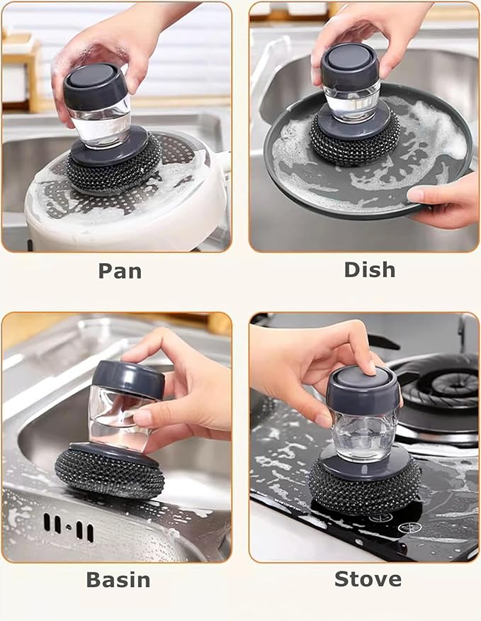 Dispensing Steel Wool Scrubber, Heavy Duty Stainless Scouring Pad with Dispenser, Brush with Soap Dispenser, Steel Sponge Scourer for Kitchen, Dishes, Pan, Stove, Grill, Cast Iron 1+4