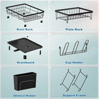 GAOKASE Dish Drying Rack, Stainless Steel-Dish Rack, Dish Racks for Kitchen Counter, Kitchen Dish Drainers with Removable Utensil Holder,New Drain Outlet,Plate Rack and Drainboard (Black 3)