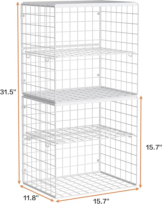4-Tier Stackable Closet Organizers and Storage Shelves, Closet Storage Basket with Wood Tops, Adjustable Height Dividers Closet Storage Bins for Home Closet Organizer System, White