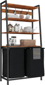 Furnulem 4 Tiers Laundry Hamper with Shelf and Hooks, Tall Laundry Basket Sorter with 2 Removable Bags, Double Clothes Hampers Organizers for Bathroom Bedroom