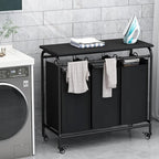 LINZINAR 3 Bag Laundry Basket Sorter Heavy Duty Rolling Lockable Wheels Laundry Hamper Cart with Ironing Board and Removable Bags, Black