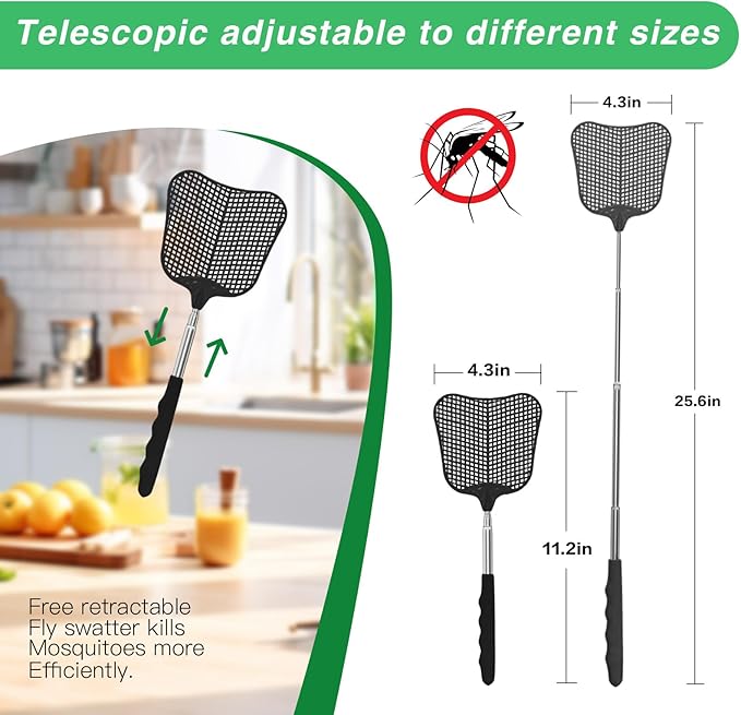 MYSTICHOME Fly Swatter 4 Pack, Durable Heavy Duty Plastic Fly Swatters, Stainless Steel Telescopic FlySwatter for Indoors/Outdoor/Kitchen/Garden (4 PCS Black)