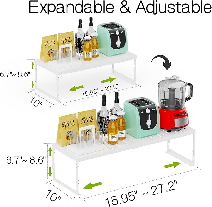 Jojocross Adjustable Stackable Metal Storage Shelf Organizer - Expandable Wire Rack with Perforations for Kitchen, Pantry, Bathroom, Cabinet & Office-Compact, Durable & Sturdy (2PACKS/Large/White)
