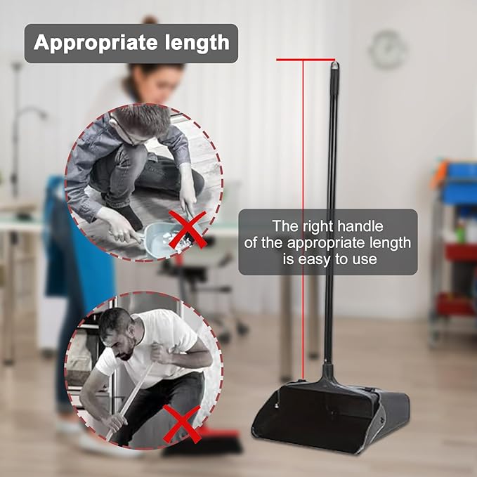 Pivoting Upright Dust Pan with Long Handle and Wheels, Large Capacity, Heavy Duty Commercial Dustpan for Indoor Outdoor, Standing Dust Pan for Home and Restaurant Cleaning, Black