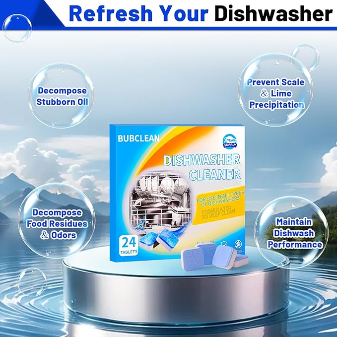 Dishwasher Cleaner＆Deodorizer Tablets, 24 Pack Deep Cleaning Descaler for Dishwasher, Natural Odor, Limescale, Grease, Smell Remover
