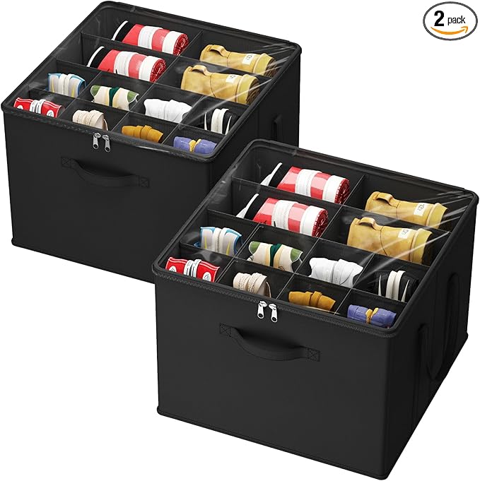 Lifewit Shoe Storage Organizer for Closet, Fabric Large Shoe Box Storage Containers with Clear Cover, Foldable Bins for Boots Heels Sneakers Fits 24-32 Pairs (Each 12-16 Pairs) 2 Pack Black