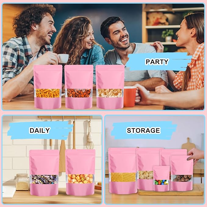 100PCS Mylar Bags for Food Storage, Smell Proof Bags Resealable Food Packaging for Small Business Stand Up Pouches with Window, 5.9" x8.7", Pink