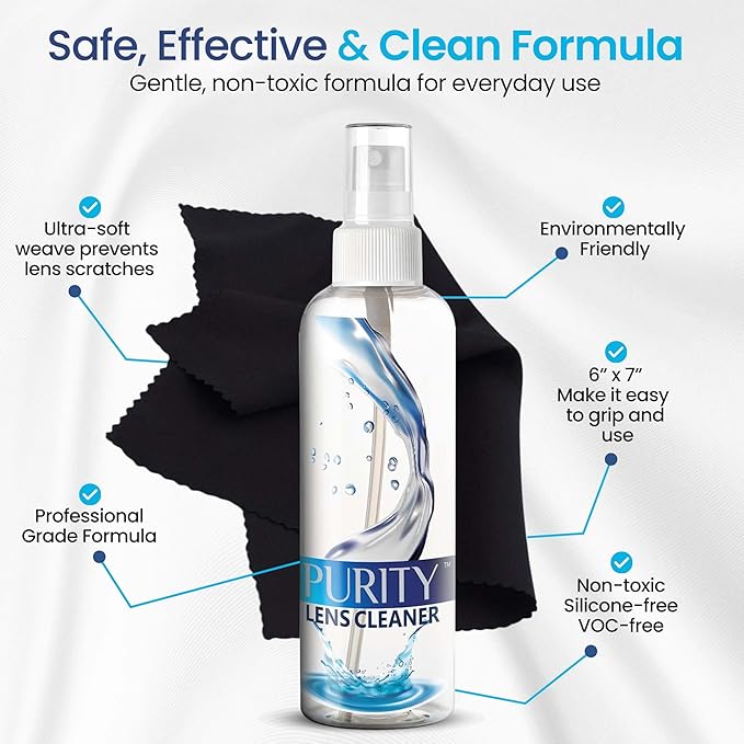 Purity Eyeglass Lens Cleaner Spray Kit - 3 x 8oz Lens Cleaner Spray Bottle + 2 Microfiber Cloth for Cleaning - Safe for All Lenses (AR Coated Included), Eyeglasses and Screens