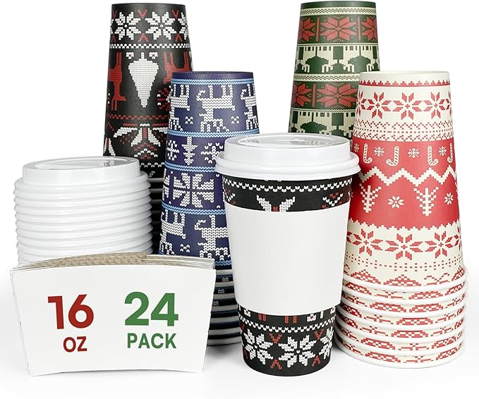 Christmas Party Supplies 16 oz Paper Cups (24 sets, Ugly Sweater)