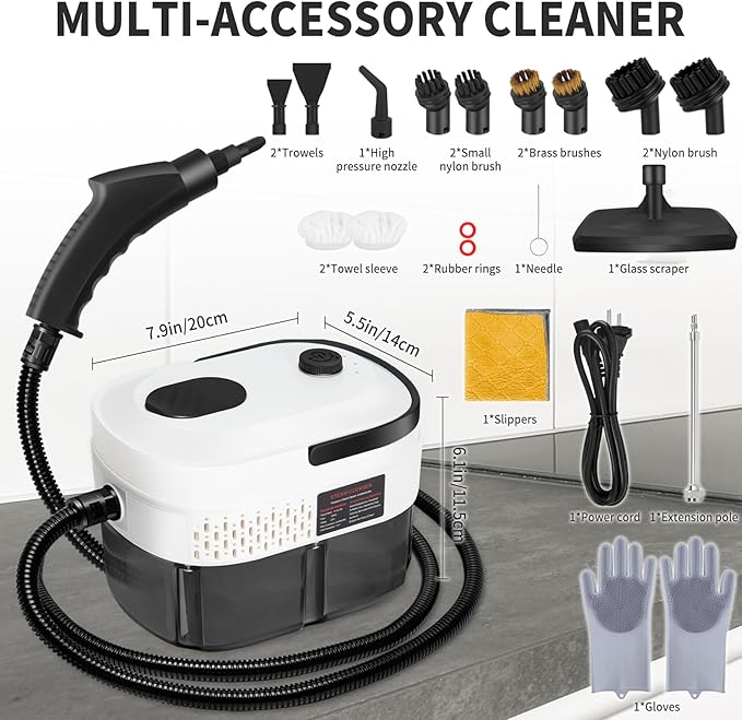 Handheld Steam Cleaner, 2500W High Pressure Steam Cleaner, 15s Fast Heating Portable Steamer for Cleaning with 17 pcs Accessories for Dirt, Grease, Grout, Tile,Floor, and Car (White)