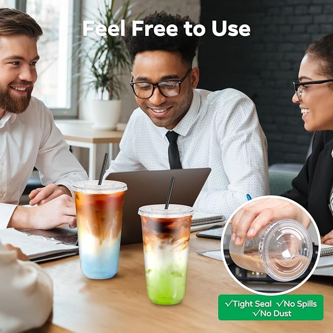 100 Pack 20 oz Clear Plastic Cups with Flat Lids and Straws, Disposable Iced Coffee To Go Cups, Plastic Smoothie Cold Drink Cup for Party, Picnic, Travel