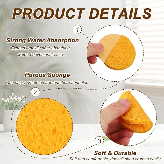 uxcell 20Pcs Cellulose Sponges, Round Kitchen Clean Sponges Non-Scratch Compressed Dish Scrubber for Kitchen Household Cookware Bathroom Cleaning & DIY, Beige