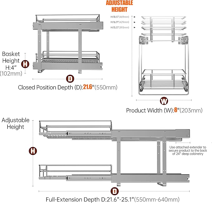 (8" W x 22" D 2-Tier Narrow Cabinet Pull Out Shelves | Heavy Duty Slide Out Shelves for Kitchen Cabinets, 22 Inch Deep Under Cabinet Organizer, Chrome