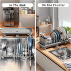 SanDream Small Dish Drying Rack with Removable Utensil Holder & Anti-Scratch Base - Stainless Steel Dish Rack, Dish Drying Rack with Drainage & Space Saving Design for Kitchen Counter, Gray