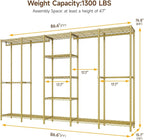 ONBRILL F5 Extra Large Industrial Pipe Clothing Rack, Freestanding Portable Closet Organizer System with Shelves & Hanging Rods, 88.6'' Wide Heavt Duty Clothes Rack, Max Load 1300lbs, Gold