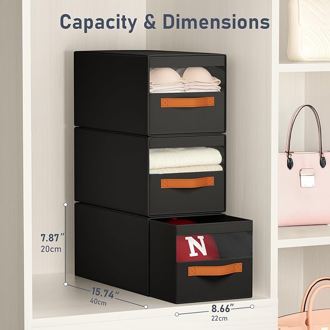 DIMJ Closet Organizers and Storage - Fabric Bins with Drawers for Closet Foldable Clothes Organizers with Clear Window, Stackable Storage Drawers Units for Hat, 4-Pack, Black