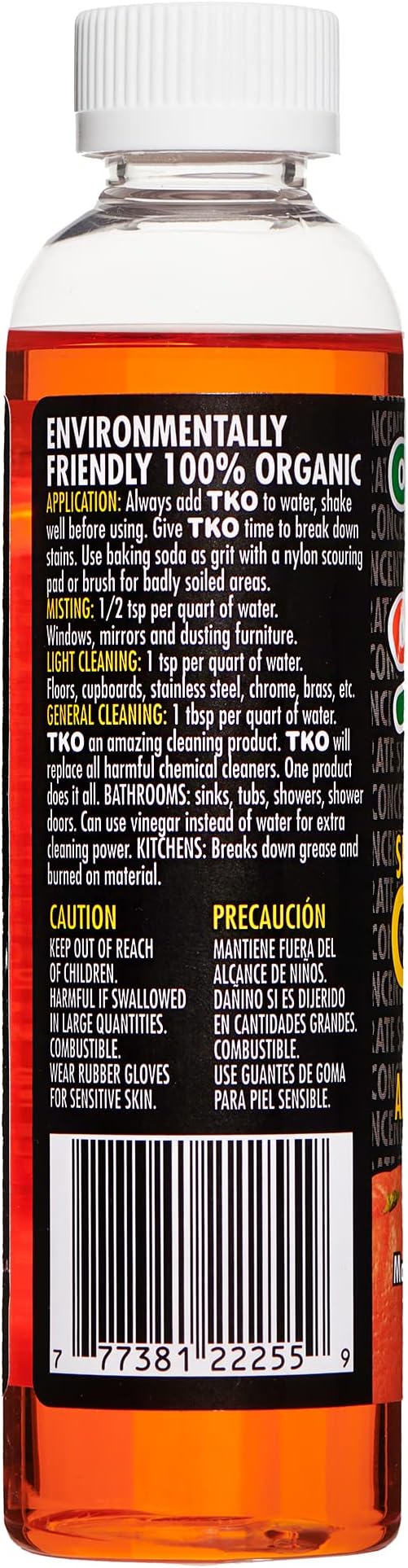 Organic Orange TKO - Stain remover, Floor cleaner, Degreaser, Glass cleaner, Multi Purpose Citrus Cleaner, Deodorizer, Stain Remover, Pet Safe, Non Toxic (8oz)