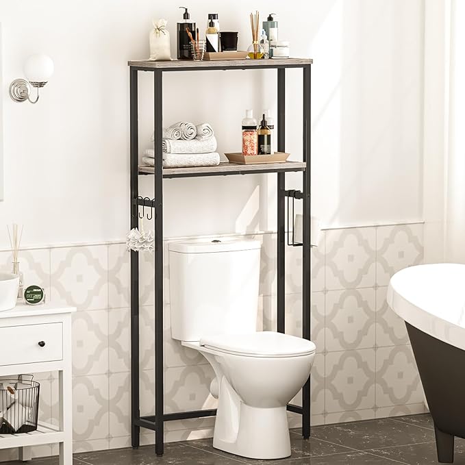 HOOBRO Over-The-Toilet Storage, 2-Tier Bathroom Organizer Over Toilet, Bathroom Shelves with Toilet Paper Holder and Hooks, Freestanding Storage Shelf, Space Saver, Greige and Black BG49TS01
