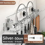 Hanging Wall Mount knife Wall Mount, Kitchen Organizer Storage Shelf for Utensils Spatula Spoon, Space-Saving Knife Rack with Hooks,Wall-Mounted Utensil Holder (Silver, 50CM+Single Pole+8Hooks)