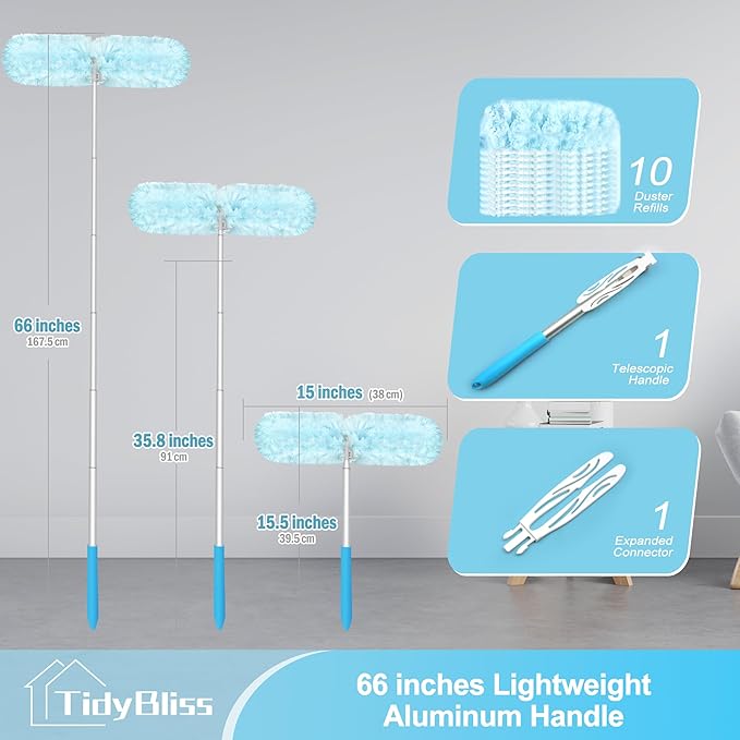 Dusters for Cleaning with Extension Pole for Swiffer, 66 inches Extended Handle Dusting Wand Kit with 10 Refills, 360 Degree Heavy Duty Microfibers Dust Removing Tool for Ceiling Fan Wall