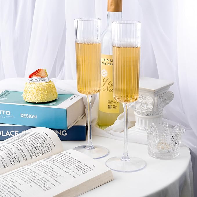 Ciaell 24 Pack Plastic Champagne Flutes - 6oz Ribbed Disposable Champagne Glasses - Clear Vintage Mimosa Glasses with Long Stem, Elegant & Lightweight for Weddings, Birthdays, Parties