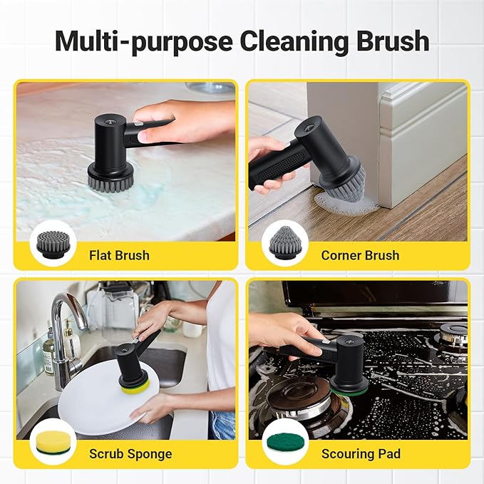 StarVal Electric Spin Scrubber, 2000 mAh Cordless Power Scrubber with 4 Replaceable Heads, 2 Speeds Portable Scrubber for Cleaning Sink/Stove/Corner/Tile/Grout/Bowl (Black)