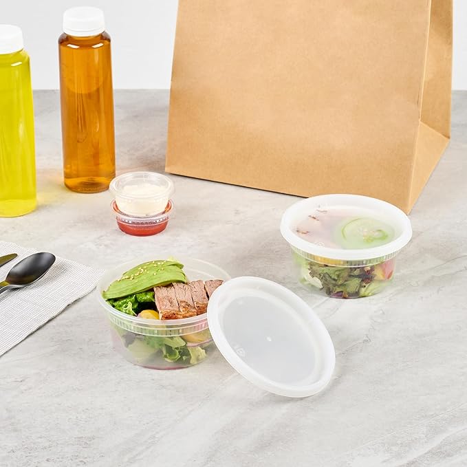 Asporto 12 Ounce To Go Boxes, 100 Microwavable Round Soup Containers - Clear Plastic Lids Included, Do Not Contain BPA, Clear Plastic Soup Containers, Disposable - Restaurantware